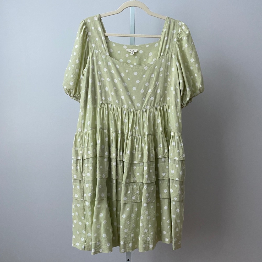 Easel Cotton Boho Prairie Coastal Peasant Polka Dot Tiered Dress M Green